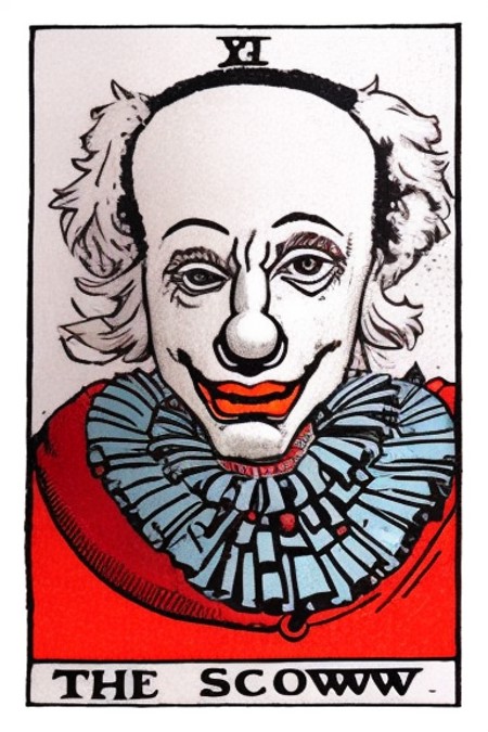 tarot card, the sad clown closeup